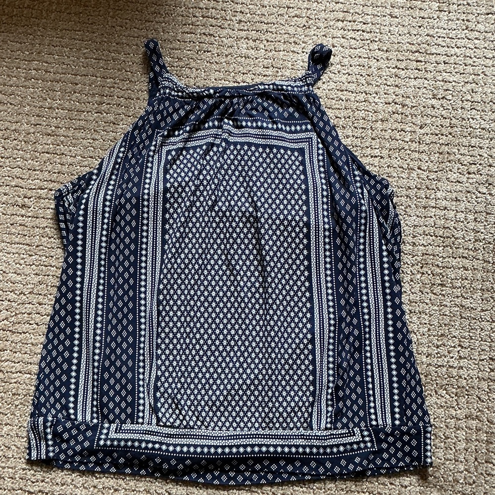 New York & Company Navy and White Patterned Halter Tank Top